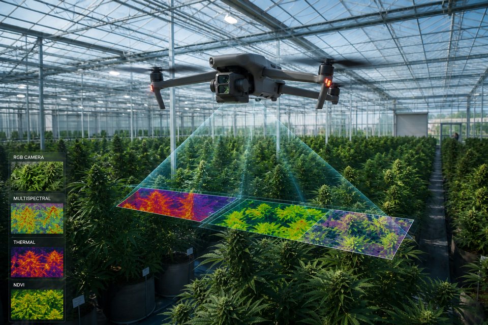 Autonomous imaging drone flying a cultivation pass over dense canopy rows inside a commercial greenhouse.